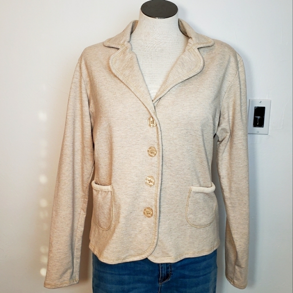 Iactive Beige Knit Notch Lapel Four Button Pockets Cotton Women's Blazer  Size M